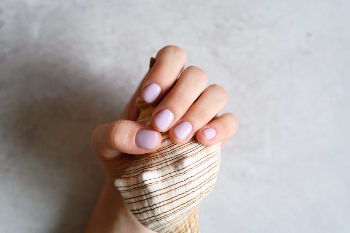 a woman's hand with pale pink painted nails holds a seashell on a gray concrete background